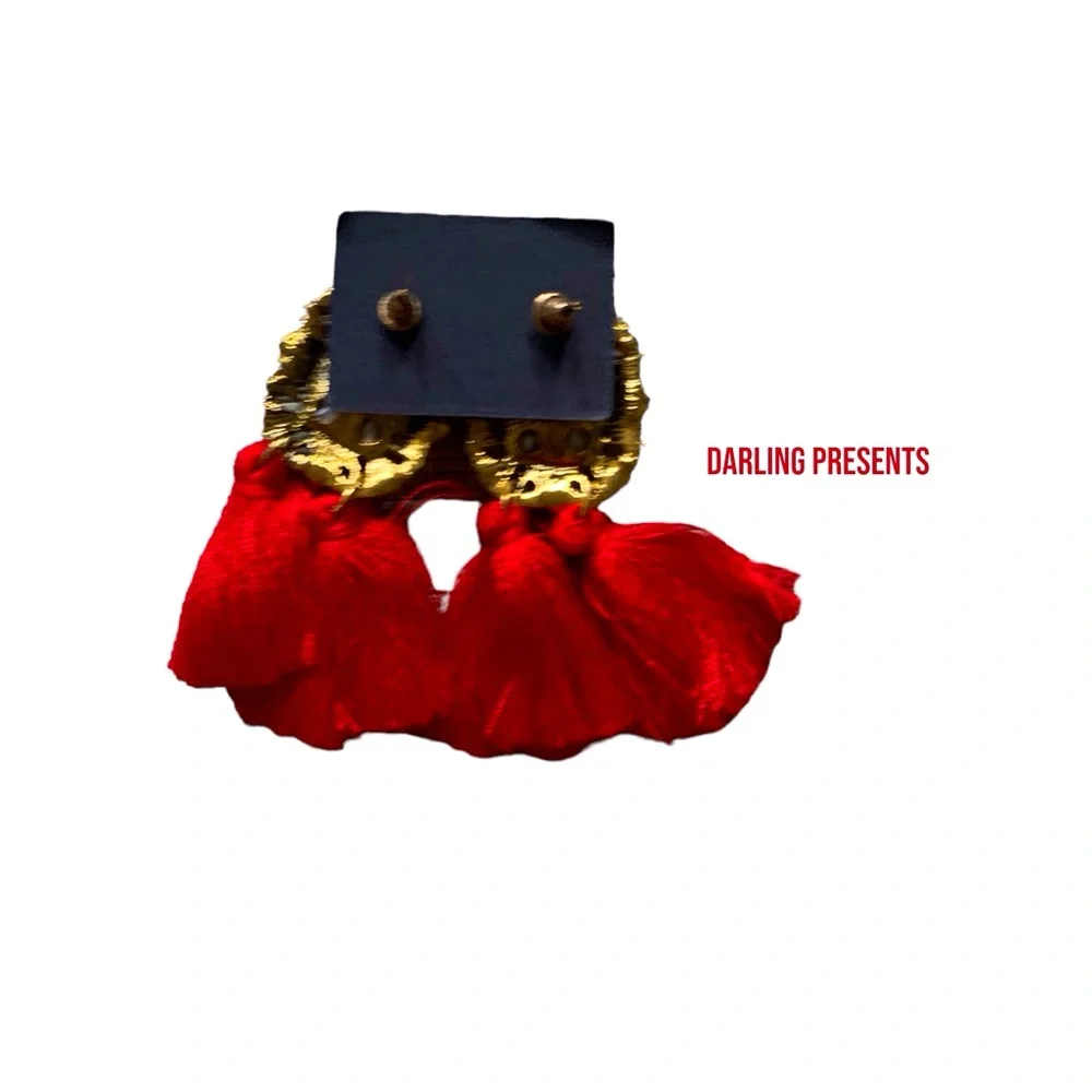 Gemstone Crystal Tassel Drop Earrings Women Color Red & Gold